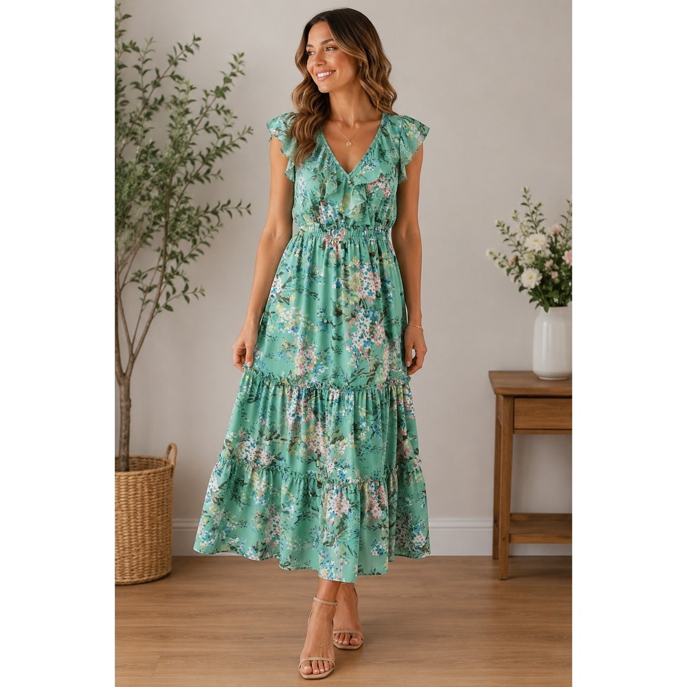 LC Lauren Conrad Mint Green Floral Ruffle Tiered Midi Dress Womens Small NWT